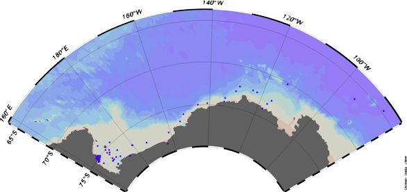 CICLOPS cruise track. Dark blue dots represent the stations that were sampled across the Amundsen and Ross Sea, Antarctica - Image via Ocean Data View.